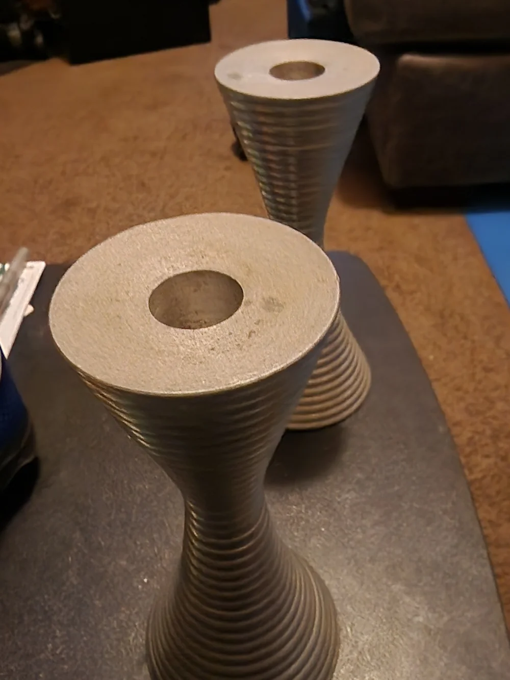 Modern Ribbed Metal Candle Holders - Silver Pair